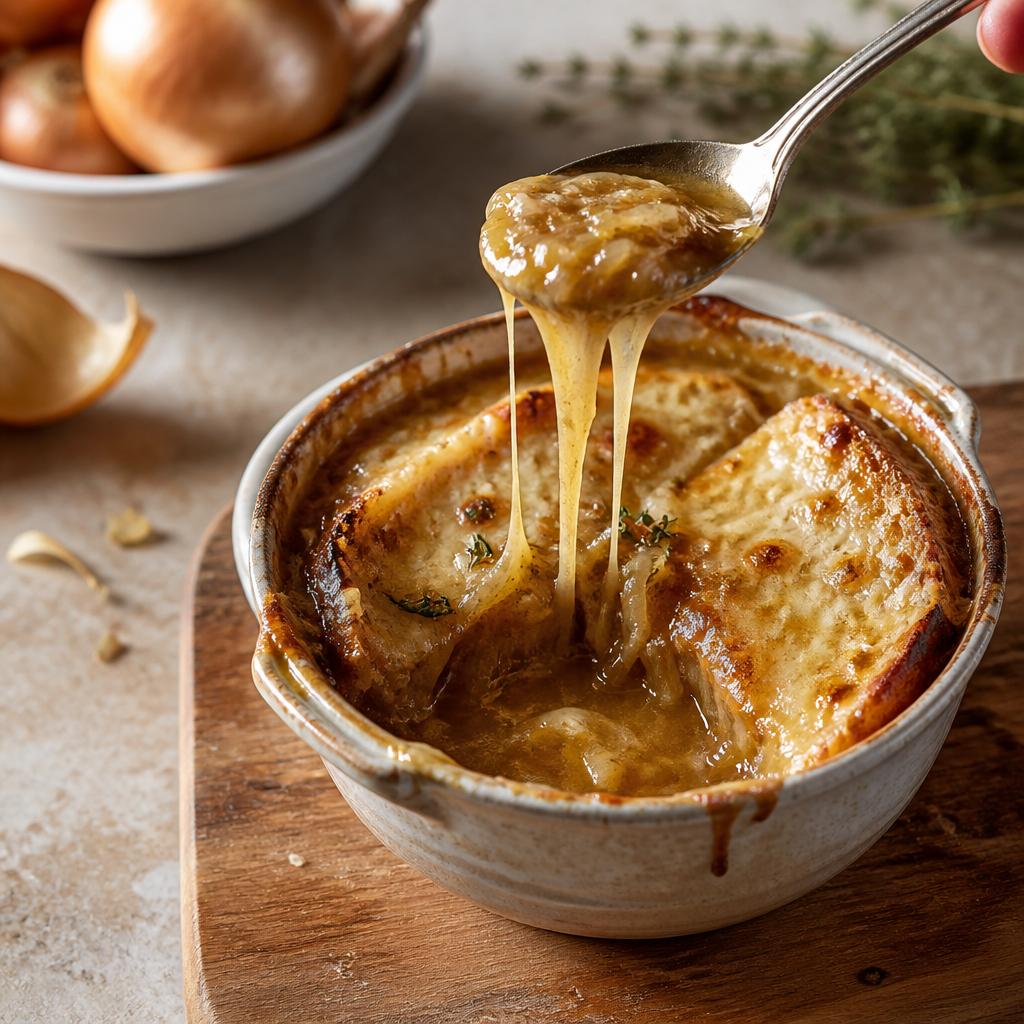 Soupe à l’oignon gratinée : bouillon profond et oignons fondants